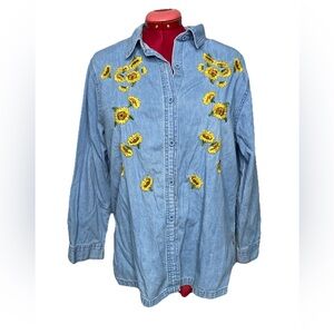 Vintage Denim Sunflower Shirt Womans Large L Blue Chambray Button Up Embroidered